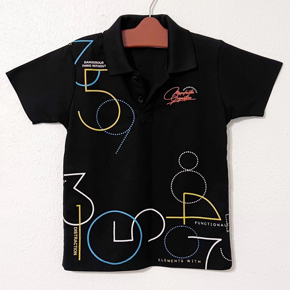 La Mode Abstract Vibrant Black and Blue Polo with Colorful Number Pattern
